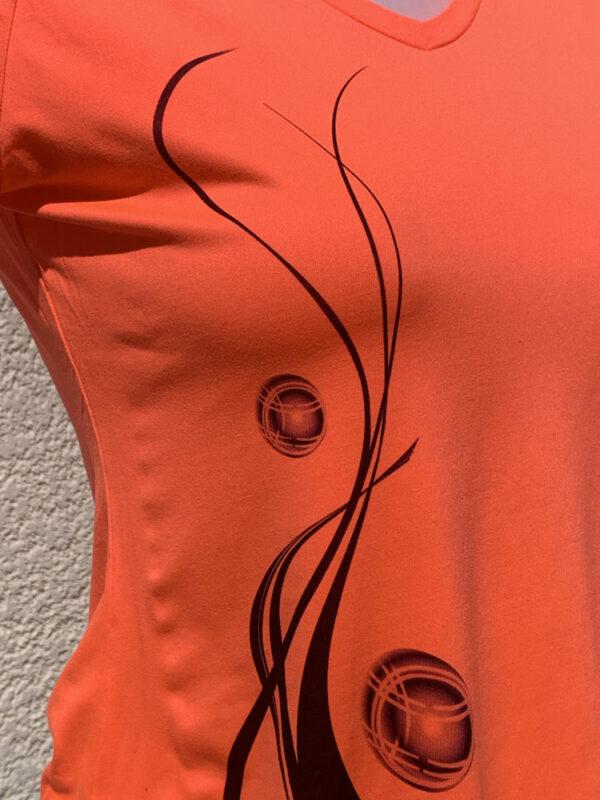 T-shirt Pétanque pour Femme, couleur corail, orange flashy - Vue du motif de devant